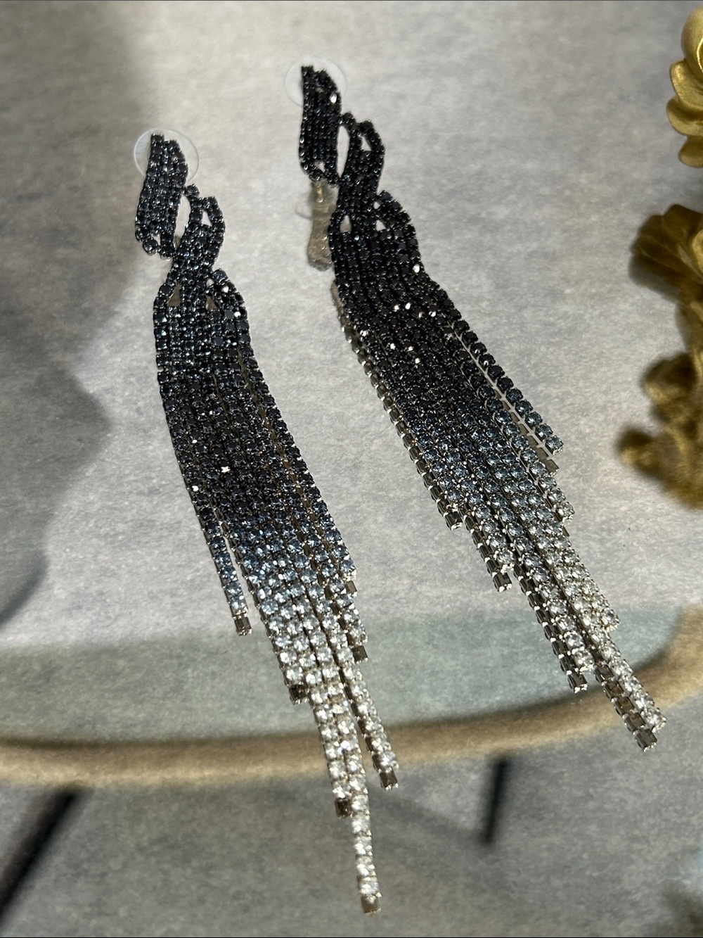 Elegant Ombre Tassel Crystal Drop Earrings - Black to Silver